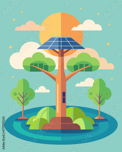 A beautiful and peaceful oasis the solar tree brings together art and technology to provide a tranquil space for reflection and appreciation of nature.. Vector illustration