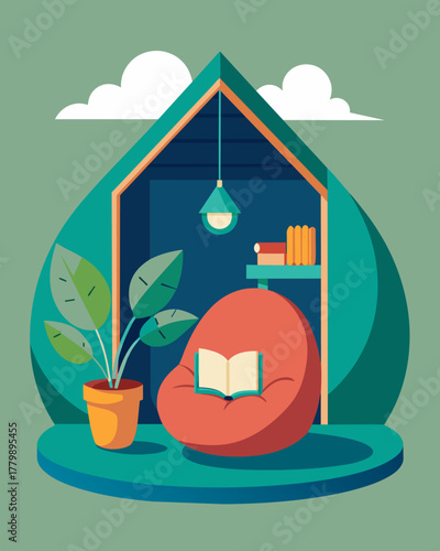 A cozy bean bag chair sits in the corner of the bungalow providing the perfect spot for the nomad to curl up with a good book and recharge.. Vector illustration