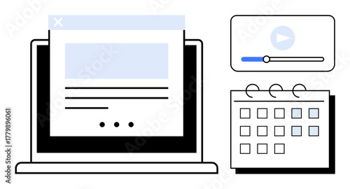 Laptop displaying content with accompanying video player and calendar. Ideal for productivity, planning, scheduling, online learning, teamwork, content creation, and event organization. Simple flat