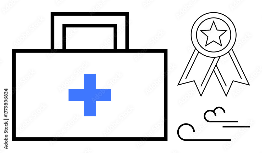 Obraz premium First aid kit with blue cross, star award ribbon, abstract air lines. Ideal for healthcare, emergency services, quality assurance, safety standards, medical training, certifications simple flat