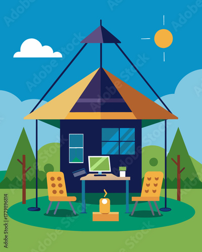 A cozy yet modern outdoor learning pod featuring solarpowered lights and audio equipment for interactive group discussions.. Vector illustration