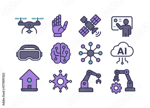 Modern technology icons: ai, robotics, virtual reality, and more in flat design