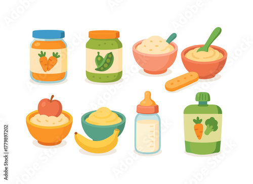Variety of baby food products in cute cartoon style