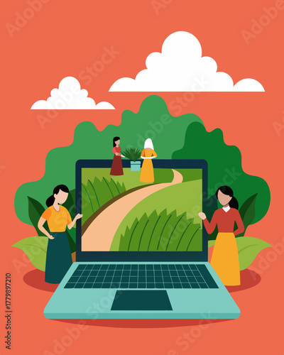 A laptop sits ast the tea pickers reminding them of the modern world amidst their traditional work.. Vector illustration