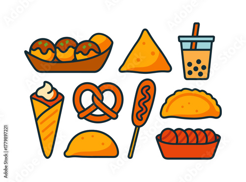 Colorful flat icons of popular street food snacks and drinks