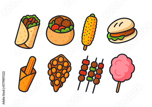 Colorful hand-drawn street food icons featuring global delicacies