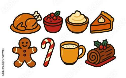 Festive holiday food icons: gingerbread, turkey, pie, and more in flat style