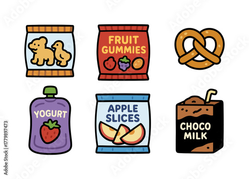 Colorful cartoon snack packets including gummies, pretzels, and apple slices in playful style