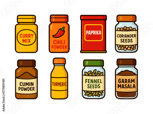 Colorful spice jar collection featuring various seasonings in cartoon style