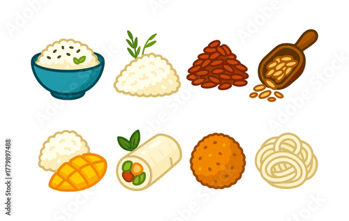 Colorful rice dishes and ingredients icons featuring various grains and foods