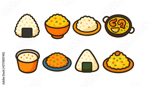Flat style japanese rice dishes set featuring onigiri and curry bowls