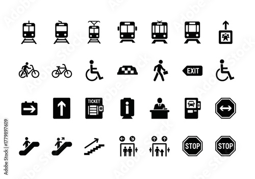 Comprehensive vector icon set for public transportation and terminal navigation, featuring train, metro, taxi, and accessibility symbols for wayfinding