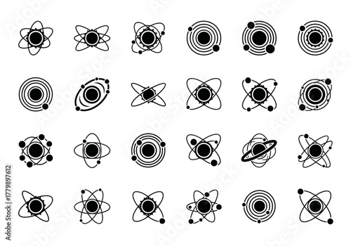 Set of twenty-five minimalist science icons representing atoms, particles, and nuclear physics concepts in a vector format
