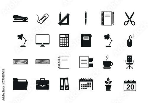 A simple collection of black glyph icons representing common office supplies, business equipment, and stationery items for workplace concepts