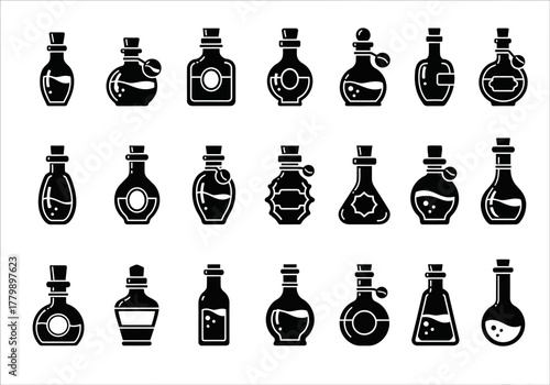 A diverse vector icon set of magical potion bottles and alchemical flasks for fantasy and science themes