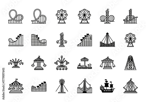 Amusement park and carnival attractions icon set. Simple line art illustrations of roller coasters and funfair rides
