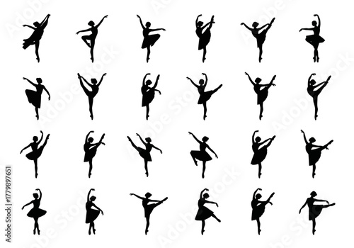 Collection of graceful ballerina silhouettes in various classic ballet dance poses. Set of female dancer vector icons for design elements