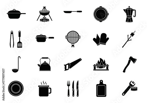 A collection of simple black silhouette icons for camping, outdoor cooking, and hiking, featuring tools and utensils for adventure