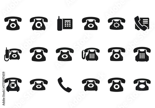 A diverse collection of black telephone vector icons, showcasing vintage rotary, classic landline, and modern handset communication symbols