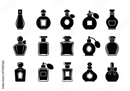 A diverse set of black perfume bottle silhouettes. A collection of vector icons representing various fragrance containers and cosmetic packaging