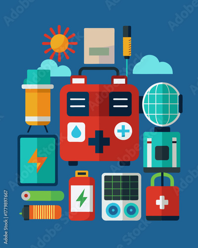 A comprehensive disaster relief kit equipped with a durable solarpowered generator portable solar panel and a variety of emergency supplies for providing relief and support in. Vector illustration