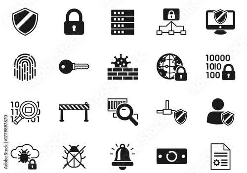 Cybersecurity and data protection glyph icon set. Digital safety, network security, and privacy symbols collection