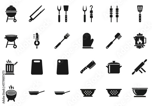 Simple flat glyph icons of barbecue grill tools, kitchen utensils, and cooking equipment isolated on a white background