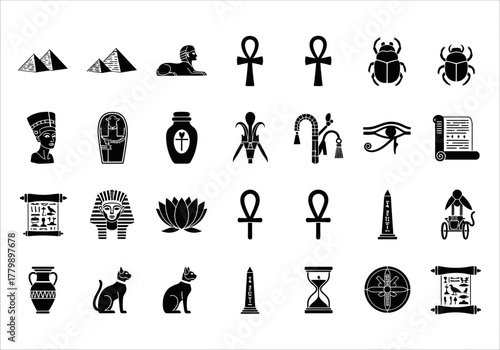 Ancient Egypt icon set featuring classic cultural symbols. Black glyph collection with pharaohs, pyramids, and ankhs for historical design 2j (778)