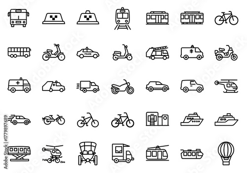 A diverse set of thin line transportation icons. Includes public transit, emergency vehicles, and personal transport graphics for web and app design