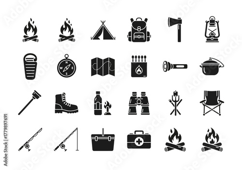 Camping and hiking equipment silhouette icon collection for outdoor adventure and travel