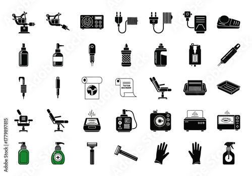 A diverse set of monochrome glyph icons representing tattoo parlor equipment and barber shop grooming tools