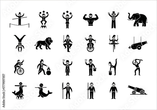 Circus and carnival entertainment solid glyph icons set, featuring classic acts, performers, and animal symbols