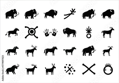 A collection of black icons inspired by prehistoric cave art, featuring mammoths, bison, deer, and ancient symbols
