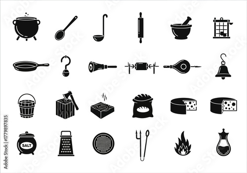 A comprehensive set of monochrome glyph icons representing various kitchen tools, cookware, and food ingredients in a simple, clean style