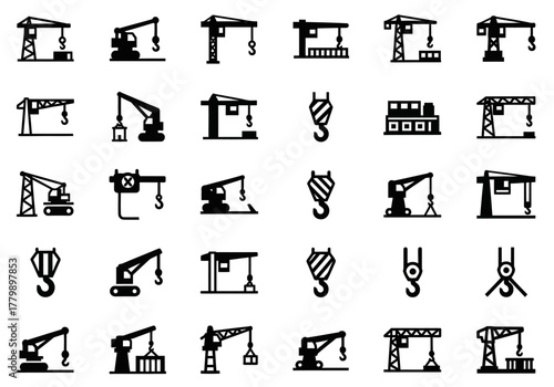Industrial crane and hoist hook glyph icon set. A diverse collection of construction machinery symbols in a solid black vector style