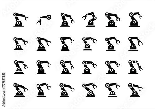 Collection of industrial robotic arm icons in various poses, a vector graphic set for automation technology and manufacturing concepts