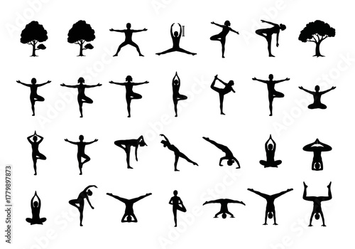 Set of black silhouette icons showing people in various yoga and meditation poses with tree symbols