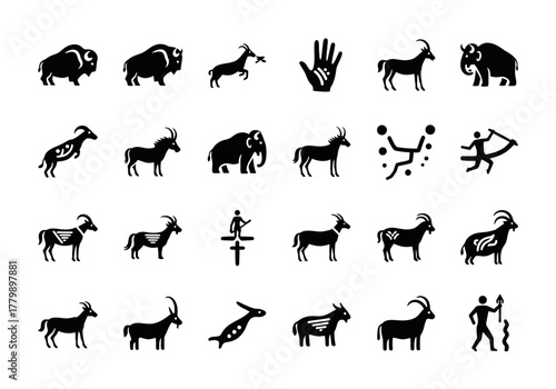 Vector collection of primitive rock art glyphs and pictograms inspired by prehistoric cave paintings of animals and hunters