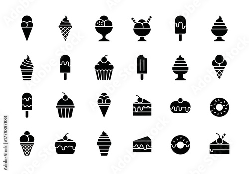 A comprehensive set of solid black glyph icons representing various sweets and desserts, including ice cream, cake, donuts, and cupcakes for design projects