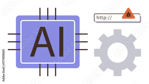 AI microchip next to gear and glitch warning in URL bar. Ideal for artificial intelligence, machine learning, technology, software errors, innovation, digital transformation, simple flat metaphor