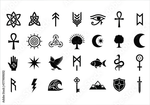 A diverse set of isolated black spiritual and esoteric icons. Collection of ancient mystic symbols including pagan runes and sacred geometry