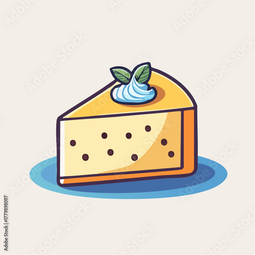Slice of Cheesecake with Cream and Mint Leaf Topping on a Blue Plate with a Plain Background