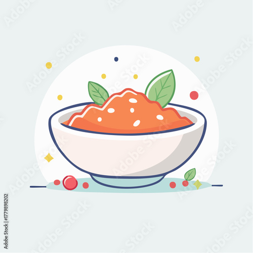 A Bowl Of Orange Food With White Beans And Green Leaves Garnished With Small Red Berries On A Light Blue Background