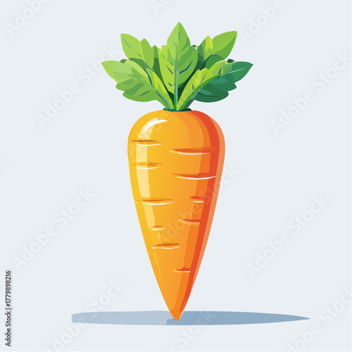 A single vibrant orange carrot with green leafy top stands against a pale blue background with subtle shading below.