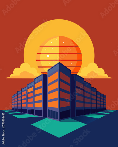 A futuristic data center with its walls made entirely of solar panels designed to mimic the appearance of a large glowing sun.. Vector illustration