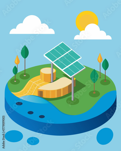 A floating solarpowered art installation on a nearby river bringing attention to the need for clean energy sources in our waterways.. Vector illustration