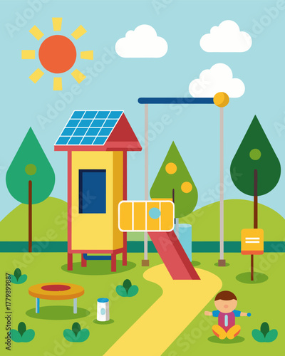 A childrens playground features a solarpowered public restroom teaching youngsters the importance of renewable energy while also providing a convenient facility for families.. Vector illustration
