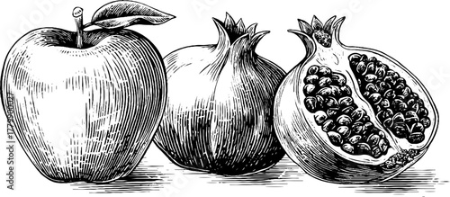 Vintage fruit sketch featuring apple, pomegranate, and fig for retro design projects