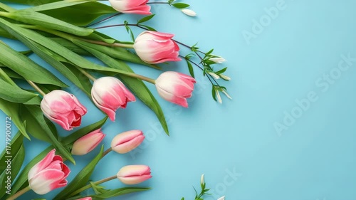 A bouquet of pink flowers with green stems. The flowers are arranged in a row. The background is blue
