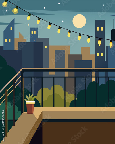 A balcony overlooking the city featuring a string of solarpowered garden lights that add a touch of warmth to the urban landscape.. Vector illustration